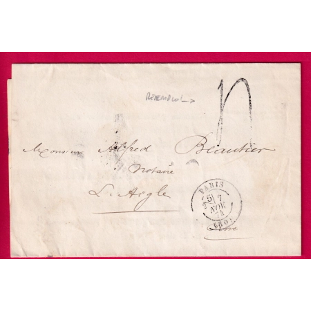 TAXE TAMPON 4 REMPLOI TARDIF 1874 PARIS SECTEUR DE LEVEE POUR AIGLE ORNE LETTRE