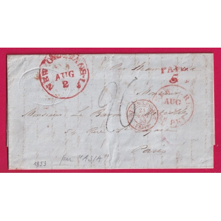 LETTRE DE NEW ORLEANS USA 1853 TAXE TAMPON 26 DOUBLE PORT VIA NEWYORK VAPEUR MASIA POUR PARIS LETTRE