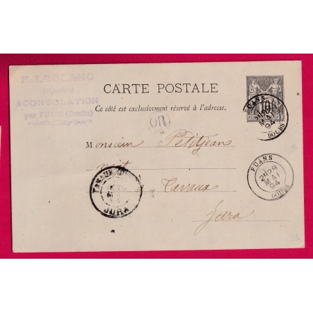 ENTIER SAGE 10C FUANS DOUBS 1894 OR CONSOLATION POUR TAVAUX JURA LETTRE