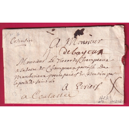 MARQUE MANUSCRIT DE BAYEUX CALVADOS 1723 LENAIN N°1 INDICE 12 POUR COUTANCES MANCHE LETTRE