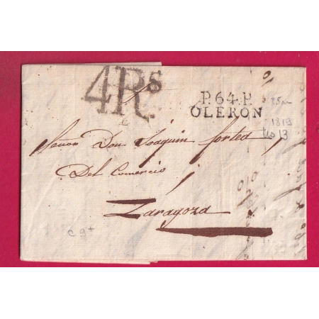 MARQUE P64P OLERON BASSES PYRENEES TAXE ESPAGNE 4RS REALS 1819 POUR ZARAGOZA LETTRE