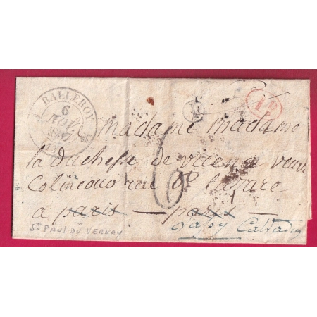 CAD TYPE 12 BALLEROY CALVADOS BOITE RURALE I ST PAUL DU VERNAY + DECIME RURAL POUR PARIS 1837 TAXE TAMPON 6 LETTRE