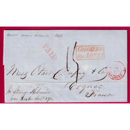 LETTRE DE BOSTON USA 1849 PAR VAPEUR HIBERNIA COLONIES ART 13 POUR COGNAC CHARENTE LETTRE