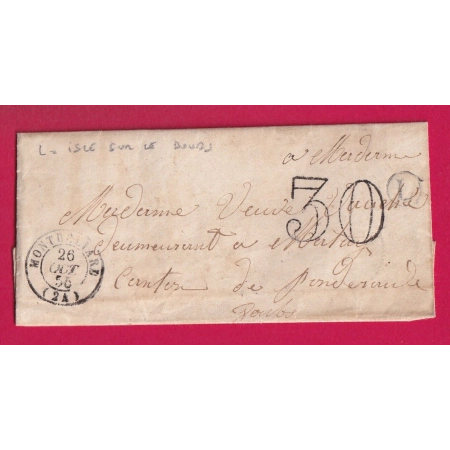CAD TYPE 15 MONTBELIARD DOUBS BOITE RURALE L ISLE SUR LE DOUBS POUR PONT DE ROIDE 1856 TAXE TAMPON 30 LETTRE