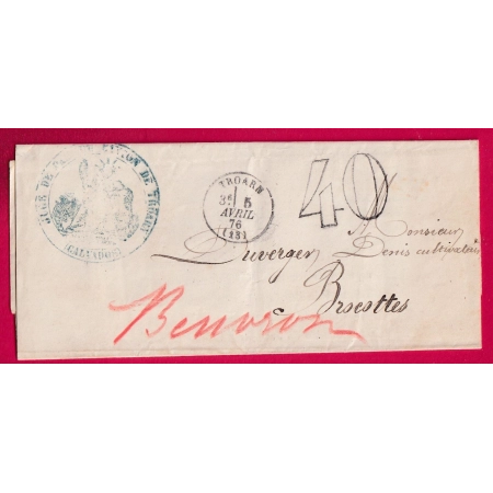 TAXE TAMPON 40 CAD TYPE 16 TROARN CALVADOS JUGE DE PAIX DU CANTON POUR BROCOTTES 1876 BUREAU PASSE 2056 CAEN LETTRE