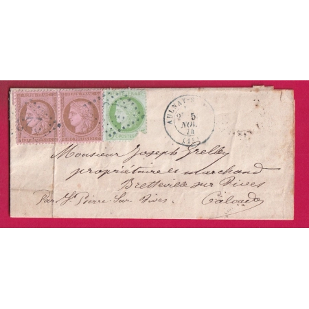 N°53 58 PAIRE GC 223 EN BLEU NOIR AULNAY SUR ODON AUNAY 1874 POUR BRETTEVILLE SUR DIVES LETTRE