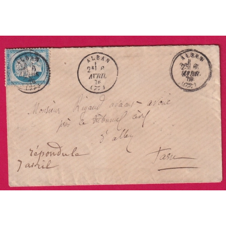 N°60 CAD TYPE 16 ALBAN TARN POUR ALBI 6 AVRIL 1876 LETTRE