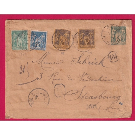 ENTIER 5C SAGE + N° 75 90 99 X2 PARIS 104 AV BOSQUET POUR STRASBOURG ALSACE LORRAINE ALLEMAGNE 1896 LETTRE