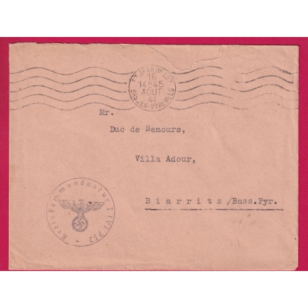 LETTRE DE LA COMMANDANTUR NAZI DE ST JEAN DE LUZ BASSES PYRENEES POUR BIARRITZ 1841 LETTRE