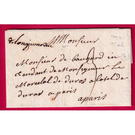 MARQUE MANUSCRIT LONGJUMEAU SEINE ET OISE 1742 1ERE DATE CONNUE D'APRES V POTHION INDICE 20 POUR PARIS LETTRE
