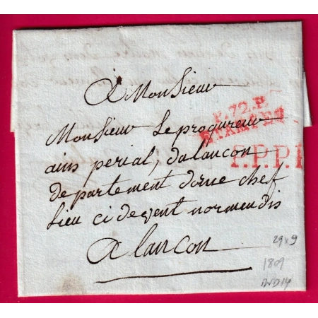 MARQUE P72P ETAMPES SEINE ET OISE 1809 EN ROUGE POUR ALENCON ORNE INDICE 14 LETTRE