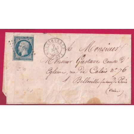 N°10 PC 1847 MALESHERBES LOIRET POUR BELLEVILLE PARIS 1853 LETTRE