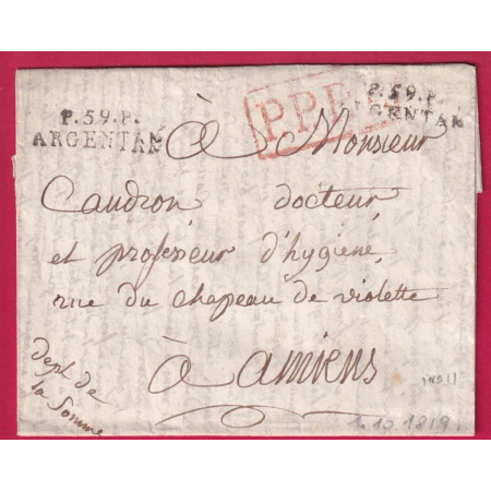 MARQUE P59P ARGENTAN ORNE 1819 POUR AMIENS SOMME INDICE 11 + PPPP PAR PARIS LETTRE