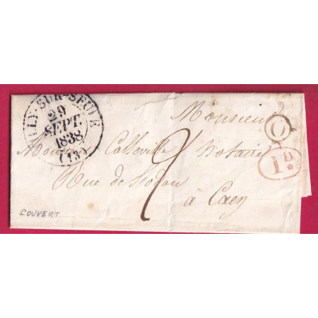 CAD TYPE 13 TILLY SUR SEULE CALVADOS BOITE RURALE 0 COUVERT + DECIME RURAL POUR CAEN 1838 LETTRE