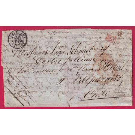 CAD PARIS BUREAU L 1850 PD ROUGE PORT 26 PAYE EN NUMERAIRE POUR VALPARAISO CHILI VOIE ANGLAISE AU DOS LIGNE DE CALAIS