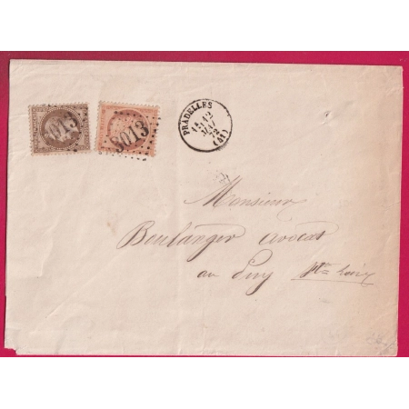 N°30 + 38 GC 3013 PRADELLES HAUTE LOIRE CAD TYPE 16 POUR LE PUY 1872 LETTRE