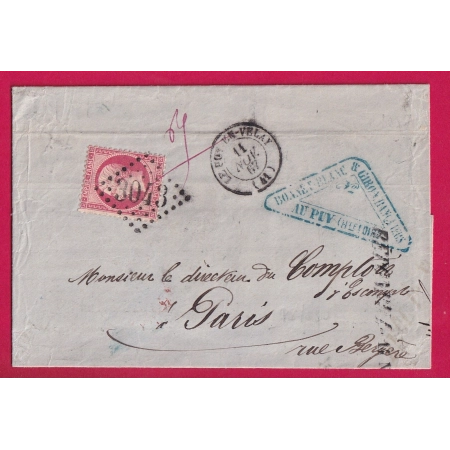 N°24 GC 3043 LE PUY EN VELAY HAUTE LOIRE POUR PARIS 1867 LETTRE