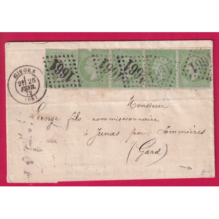 N°35 BANDE DE 4+1 SIGNE CALVES GC 1661 GIVORS RHONE POUR JUNAS GARD 26 FEVRIER 1872 LETTRE