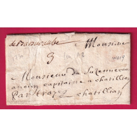 MARQUE MANUSCRIT BAR SUR AUBE 1730 LENAIN N°3 INDICE 19 POUR CHATILLON PAR TROYES LETTRE