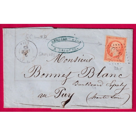 N°16 GC 3315 SAUGUES HAUTE LOIRE PEU COMMUN SUR CE TIMBRE POUR LE PUY EN VELAY LETTRE