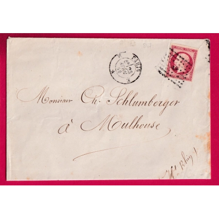 N°17Be ROSE FONCE PARIS BUREAU E POUR MULHOUSE HAUT RHIN COTE TIMBRE DETACHE 210€ LETTRE