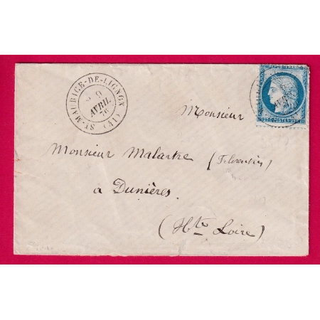 N°60 CAD TYPE 17 ST MAURICE DE LIGNON HAUTE LOIRE POUR DUNIERES LETTRE