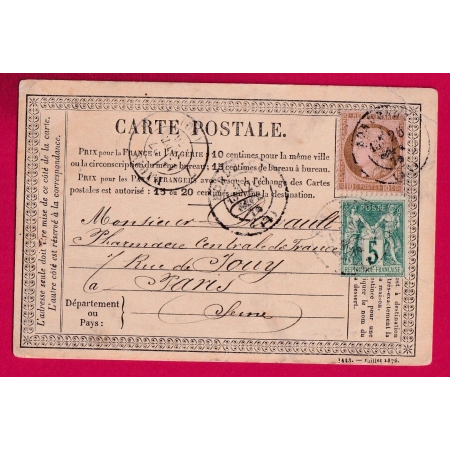N°54 + 65 MIXTE SAGE CERES CAD T17 BORDEAUX POUR PARIS SEPTEMBRE 1876 LETTRE