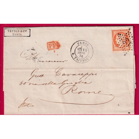 N°38 PARIS ETOILE 22 R TAITBOUT POUR ROME ITALIE ITALIA 1874 AU DOS PARIS ETRANGER EN BLEU LETTRE