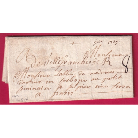 MARQUE MANUSCRIT VILLEFRANCHE DE ROUERGUE AVEYRON 1729 POUR PARIS LN°1 IND 14 LETTRE COVER