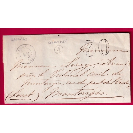 CAD TYPE 15 LADON LOIRET BOITE RURALE A CORBEILLES TAXE TAMPON 30 POUR MONTARGIS 1855 LETTRE COVER