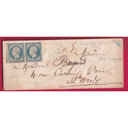 N°14 BLEU LAITEUX PAIRE  PC 898 COGNAC CHARENTE POUR PARIS LETTRE COVER