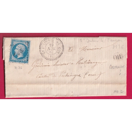 N°14 PC 3136 ST JULIEN LE FAUCON CALVADOS CAD TYPE 22 OR COSTILLON ?? POUR PUTANGES ORNE LETTRE COVER