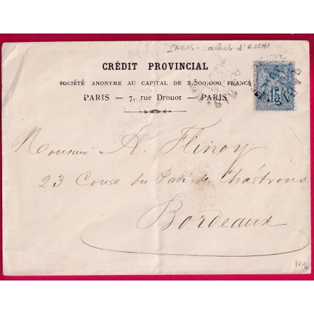 N°90 CACHET ESSAI PARIS PLACE DE LA BOURSE JUILLET 1880 POUR BORDEAUX LETTRE