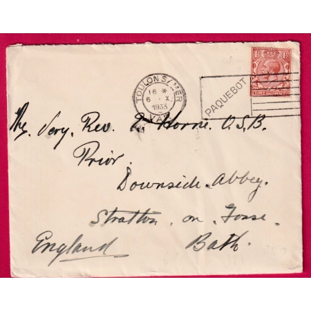 TIMBRE ANGLAIS OBLITERATION FLIERS PAQUEBOT TOULON VAR 1933 POUR BATH ANGLETERRE PAQUEBOT SS ORAMA LETTRE