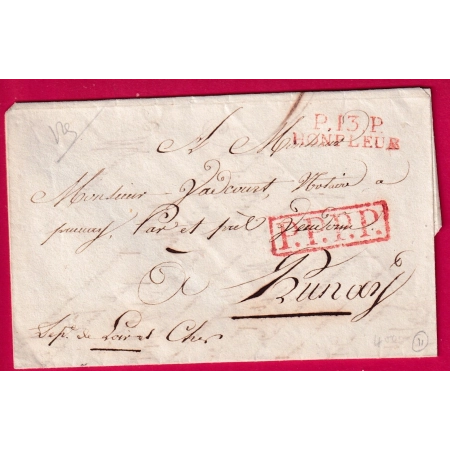 MARQUE P13P HONFLEUR EN ROUGE POUR PRUNAY LOIR ET CHER 1821 LETTRE PLIS OBLIQUES LETTRE