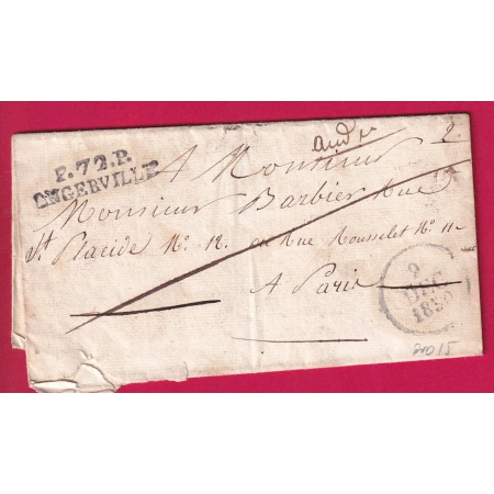 MARQUE P72P ANGERVILLE SEINE ET OISE 1830 POUR PARIS INDICE 15 LETTRE