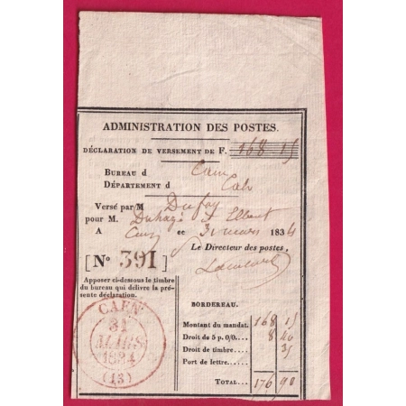 CAD TYPE 13 CAEN EN ROUGE CALVADOS SUR BON POSTES ARTICLE D'ARGENT 1834 POUR ELBEUF SEINE INFERIEURE LETTRE