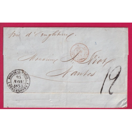 CAD POINTE A PITRE GUADELOUPE 1853 VOIE ANGLAISE COLONIES ART 13 POUR NANTES TAXE TAMPON 12 VIA BASSE TERRE LETTRE