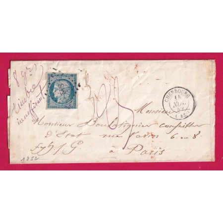 N°4 CHERBOURG MANCHE TAXE MANUSCRIT 25 MENTION 8 GRAMMES POUR PARIS 1852 LETTRE