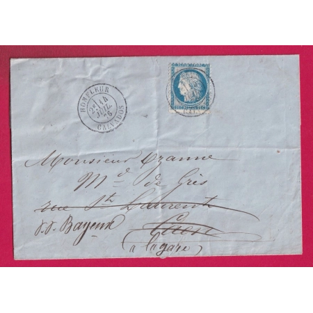 N°60 GC 1805 HONFLEUR CALVADOS CAD TYPE 18 POUR CAEN REEXPEDIEE BAYEUX 14 JUILLET 1876 LETTRE