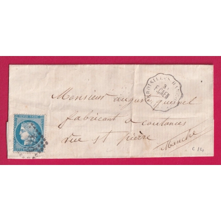 N°60 CONVOYEUR STATION CROISILLES HARCOURT CALVADOS POUR COUTANCES MANCHE 1875 INDICE 14 LETTRE