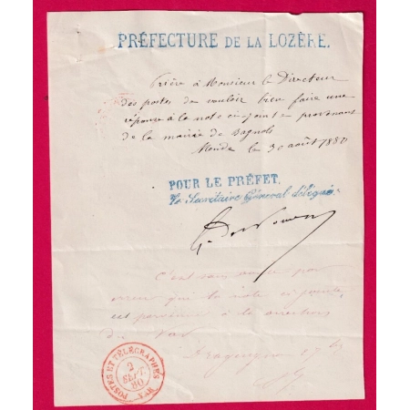 CAD POSTES ET TELEGRAPHE DRAGUIGNAN VAR PREFECTURE DE LOZERE MENDE LETTRE