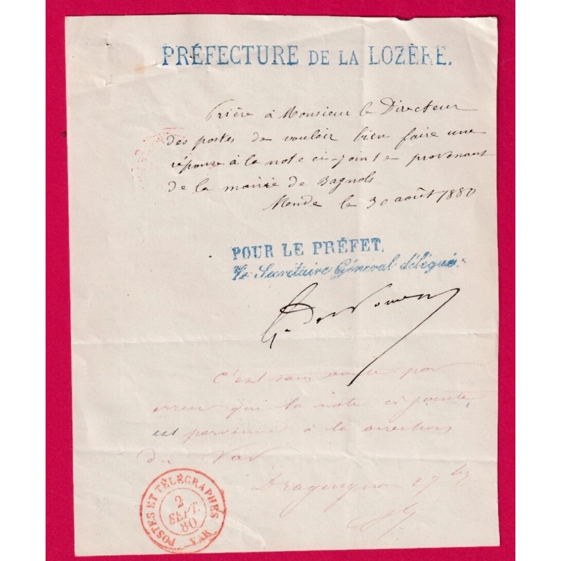 CAD POSTES ET TELEGRAPHE DRAGUIGNAN VAR PREFECTURE DE LOZERE MENDE LETTRE