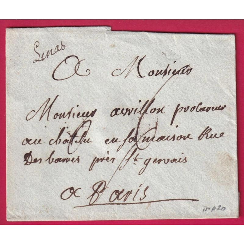 MARQUE MANUSCRIT LINAS SEINE ET OISE LENAIN N°2 POUR PARIS INDICE 20 LETTRE COVER