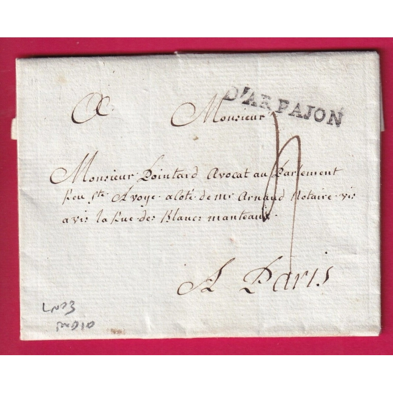 MARQUE D' ARPAJON SEINE ET OISE 1779 LENAIN N°3 INDICE 10 POUR PARIS LETTRE COVER