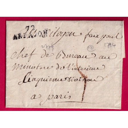 MARQUE 72 ARPAJON SEINE ET OISE POUR PARIS VERS 1794 INDICE 12 LETTRE COVER