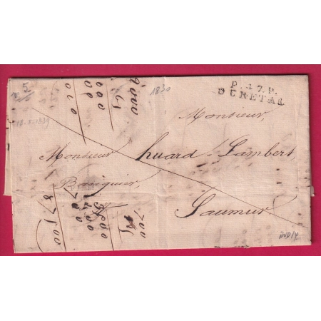 MARQUE P47P DURETAL MAINE ET LOIRE 1830 POUR SAUMUR INDICE 14 LETTRE COVER