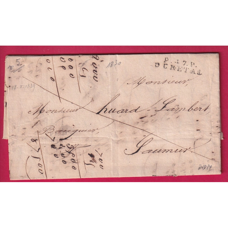 MARQUE P47P DURETAL MAINE ET LOIRE 1830 POUR SAUMUR INDICE 14 LETTRE COVER