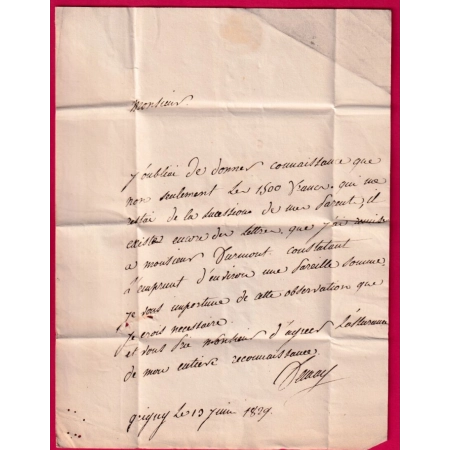 DOUBLE CURSIVE 72 RIS FROMENTEAU SEINE ET OISE 1829 TEXTE DE GRIGNY INDICE 14 POUR PARIS LETTRE