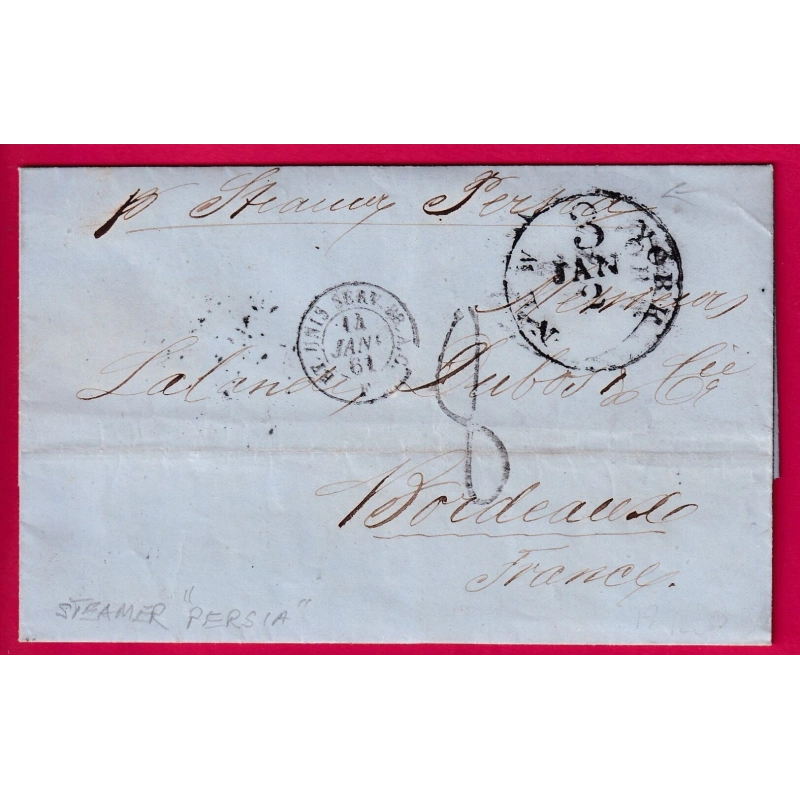 LETTRE DE NEW YORK USA 1861 PAR STEAMER PERSIA TAXE 8 POUR BORDEAUX LETTRE